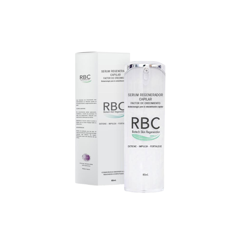 Sérum regenerador capilar RBC con factores de crecimiento Follistatin y VEGF que estimula la regeneración y detiene la caída del cabello.