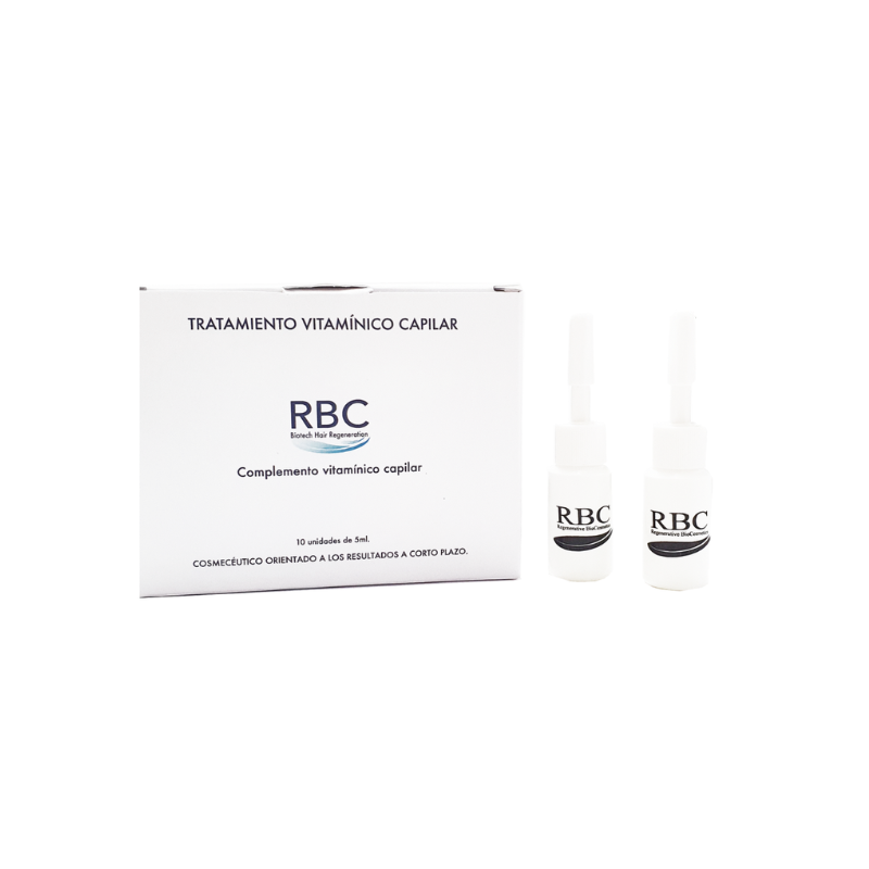 Tratamiento vitamínico capilar RBC en ampollas que fortalece, da brillo y volumen al cabello.